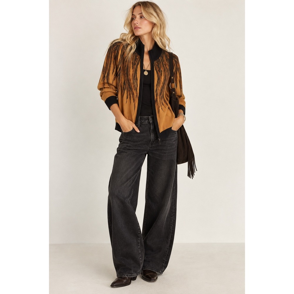 Bob Mackie Wearable Art Women's L Brown Black Feather Full Zip Cardigan Boho